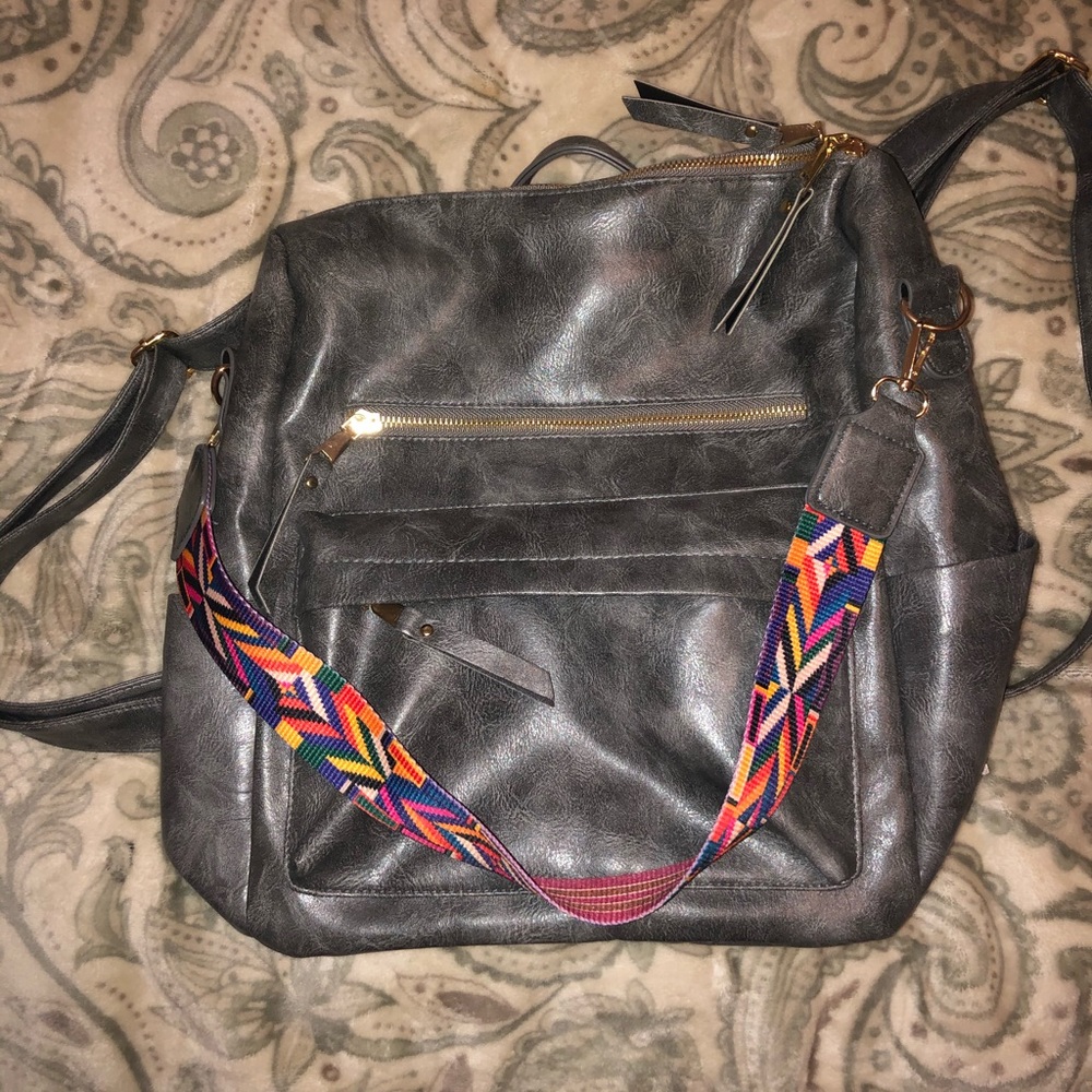Vegan leather grey backpack with tribal strap